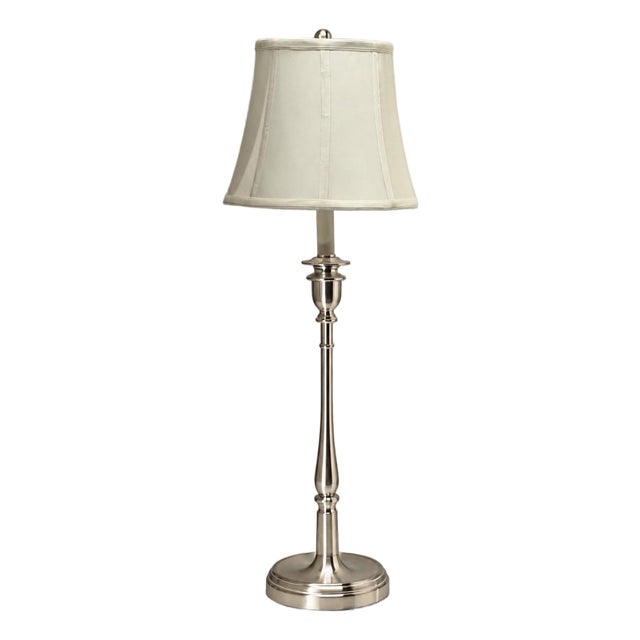 Ralph Lauren Silver Polished Nickel Candlestick Table Lamp and Linen Bell Shade For Sale