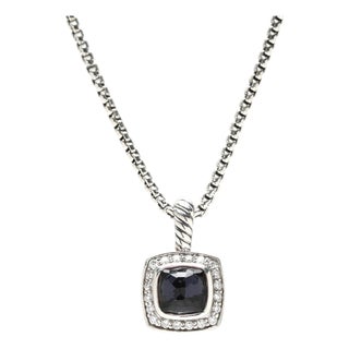 David Yurman Amethyst and Diamond Cushion Checkerboard Pendant Box Chain, Ss For Sale