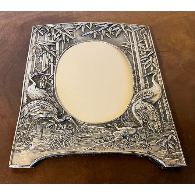 Antique 19th Century Aesthetic Movement Silver Plate Picture Frame With Cranes and Bamboo For Sale - Image 4 of 11