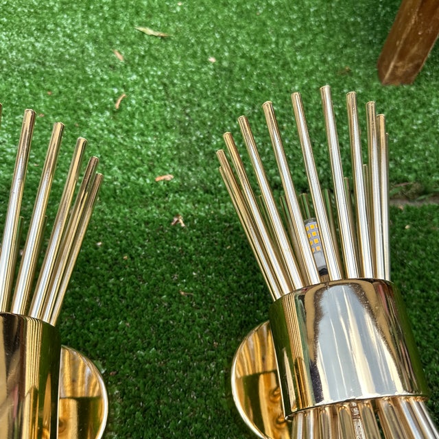 Abstract 1970s Gold Metal Small Tubed Starburst Style Wall Sconces - a Pair For Sale - Image 3 of 6