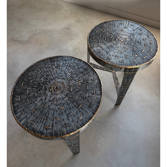 Round Pair of Hand-Welded Steel Rod Brutalist Tables, Set of Two, Tripod Legs For Sale - Image 11 of 17