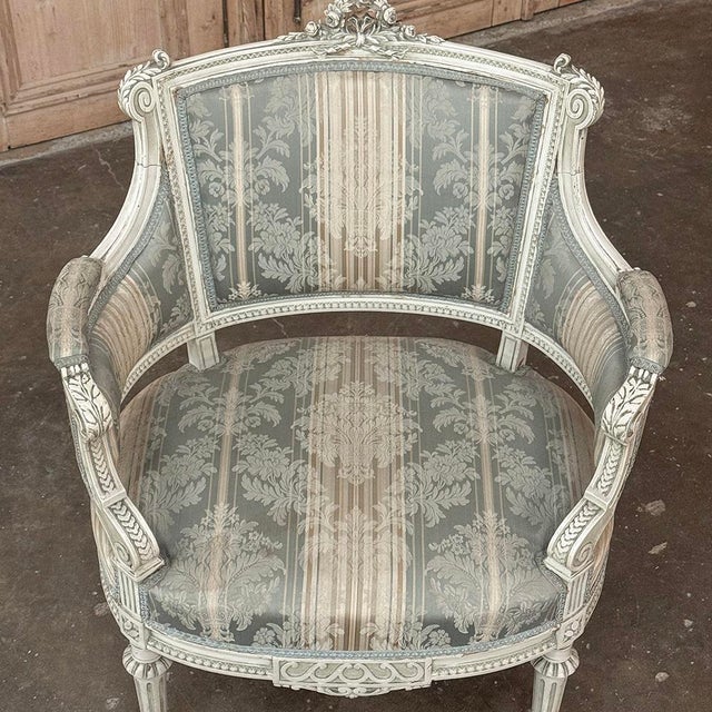 Pair of Louis XVI Painted Bergères ~ Paris For Sale - Image 13 of 15