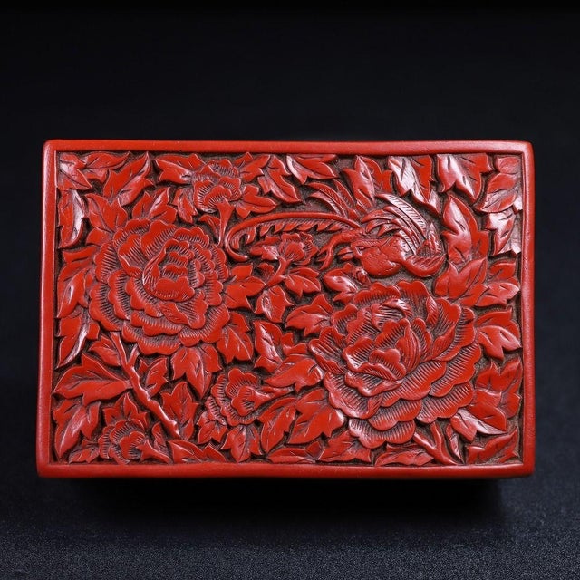 Carved Cinnabar Lacquer Box With Floral and Bird Motifs For Sale - Image 9 of 9