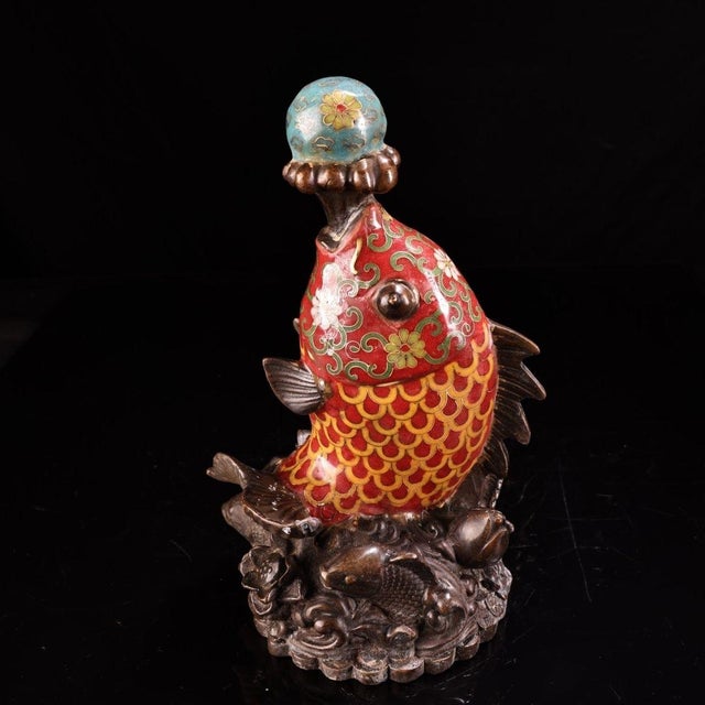 Metal Vintage Chinese Cloisonne Enamel Koi Fish Statue, Champleve Carp Sculpture With Lotus Wave Base For Sale - Image 7 of 9