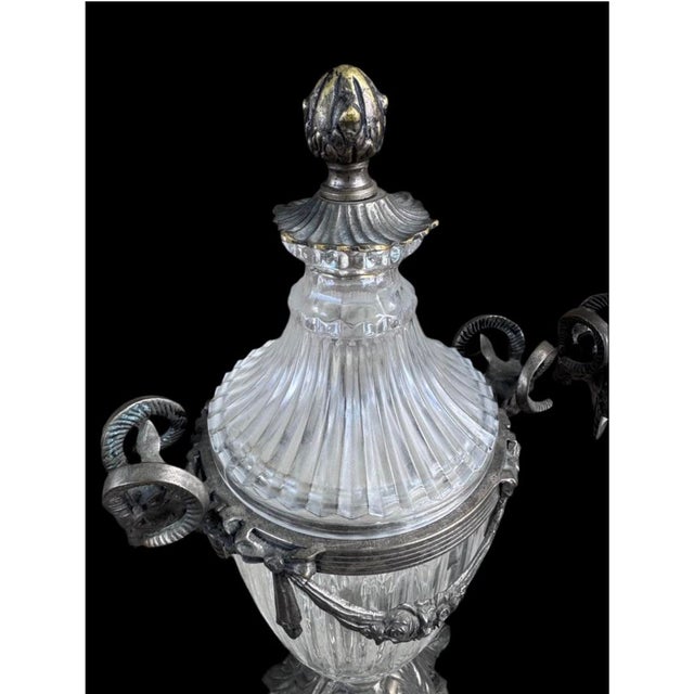 Antique French Crystal and Bronze Cassettes Urns with Lids with Ram's Head Handles - Pair Absolutely stunning ornate brass...