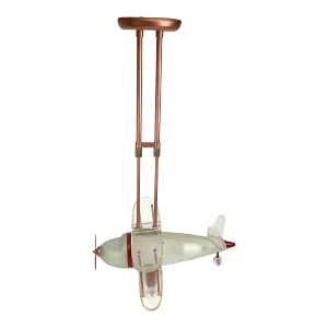 Vintage 1980s Airplane Art Deco Ceiling Pendant Light Frosted Glass & Acrylic & Copper Tone Restored