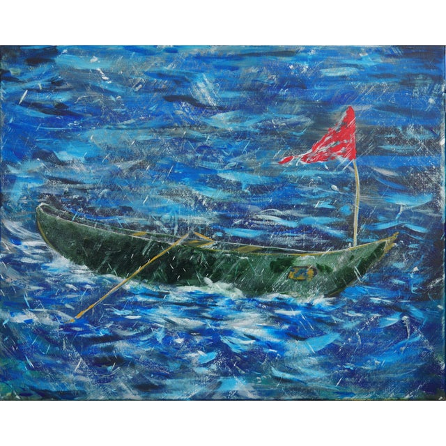 Moisés Villafuerte "Chubasco" Green, Red, and Blue Contemporary Stormy Seascape Painting, 2022 For Sale