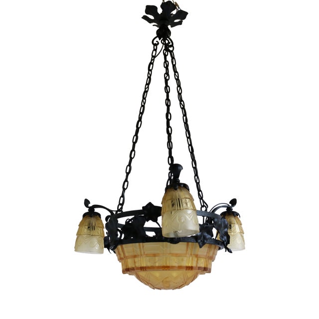 Vintage French Pendant Light in Wrought Iron by Muller Frères, 1930 For Sale