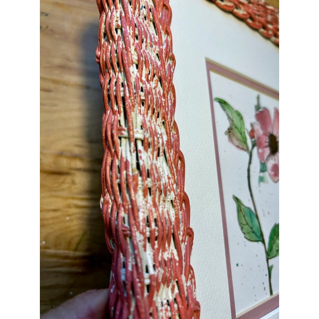 Wood Original Watercolor Painting in Wicker Frame Pink Flower For Sale - Image 7 of 7