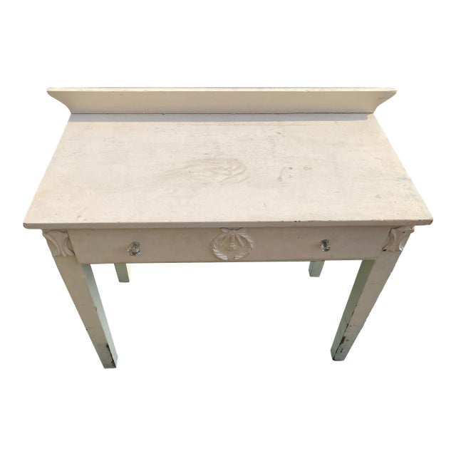 1920s Antique Distressed White Writing Table Desk With Drawer With Carved Onlays For Sale