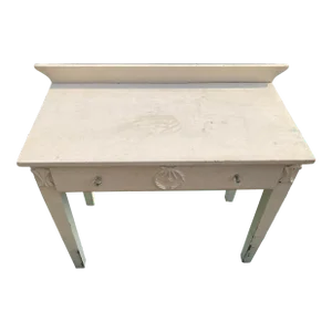 1920s Antique Distressed White Writing Table Desk With Drawer With Carved Onlays