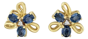 Oval Sapphire Cluster Studs with Gold Accents 14k Yellow Gold, 2 Pieces