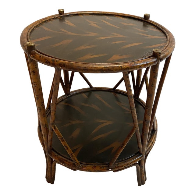 Maitland-Smith Burnt Bamboo Two-Tier Side Table With Hand-Decorated Lacquer Top For Sale