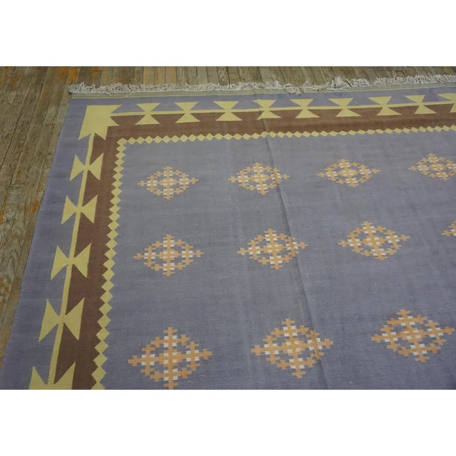 Textile 1930s Blue Gray Diamond Antique Indian Cotton Dhurrie Carpet 9'7'' X 15'7'' Flatweave Rug For Sale - Image 7 of 14