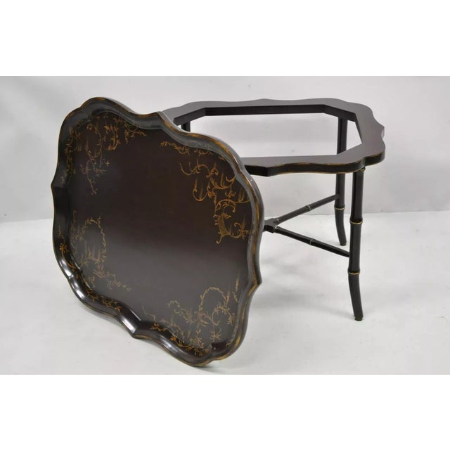 Chinoiserie Style Faux Bamboo Brown Lacquer Scallop Tray Top Coffee Cocktail Table. Item features a brown finish, gold...