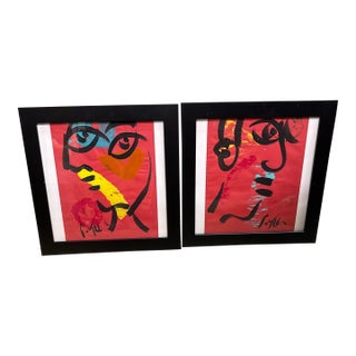1970s Peter Keil Cubist Red Portrait Paintings a Pair For Sale