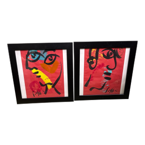 1970s Peter Keil Cubist Red Portrait Paintings a Pair