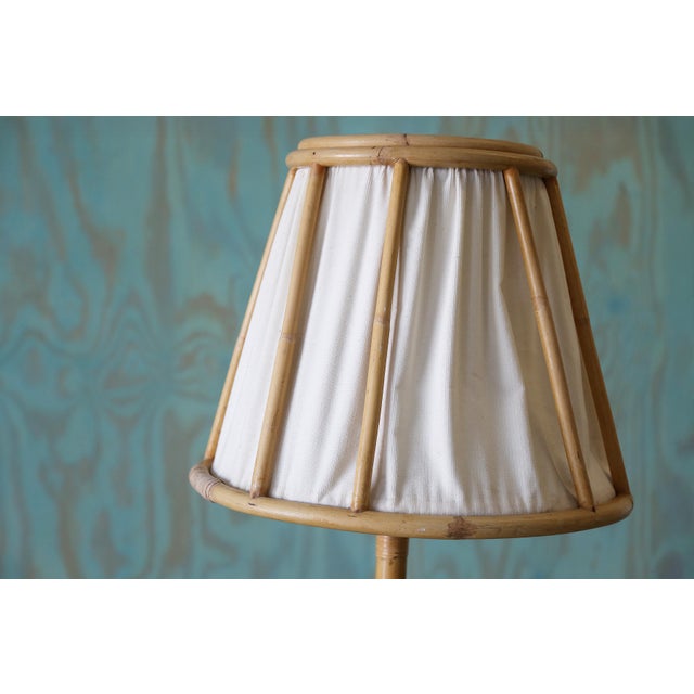 Vintage Swedish Boho Modern Rattan Floor Lamp Cane Linen For Sale - Image 4 of 10