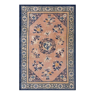 1890s Classic Medallion Antique Peking Chinese Wool Coral Hand Knotted Small Rug For Sale