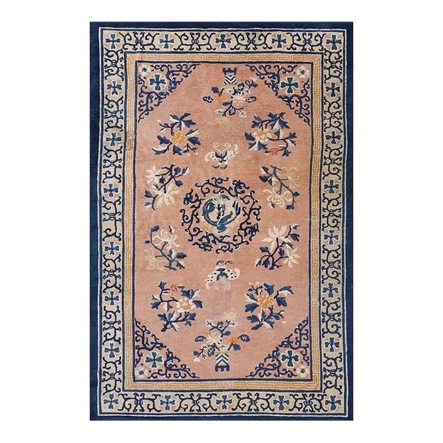 1890s Classic Medallion Antique Peking Chinese Wool Coral Hand Knotted Small Rug For Sale