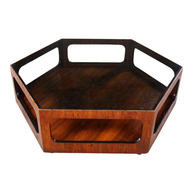 MCM Lane Alta Vista Hexagon Coffee Table Walnut and Smoked Glass Style