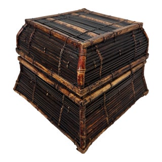 Vintage Boho Chic Tortoise Shell Bamboo and Split Reed Lidded Decorative Box For Sale