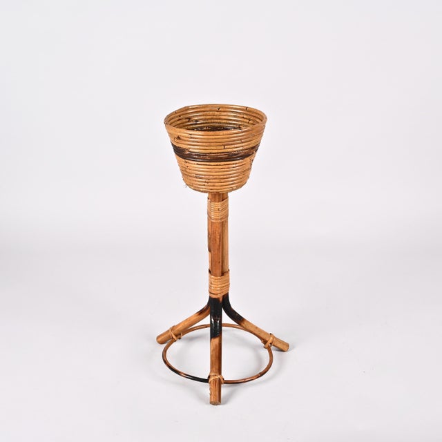 Mid-Century Italian Round Bamboo Cane and Rattan Plant Holder, 1950s For Sale - Image 9 of 18