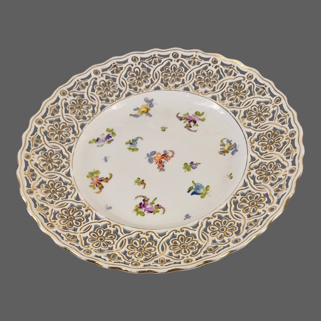 Mid 20th Century Vintage Saxonia Dresden Painted Floral Gilded Reticulated Plates - Set of Four For Sale - Image 5 of 10