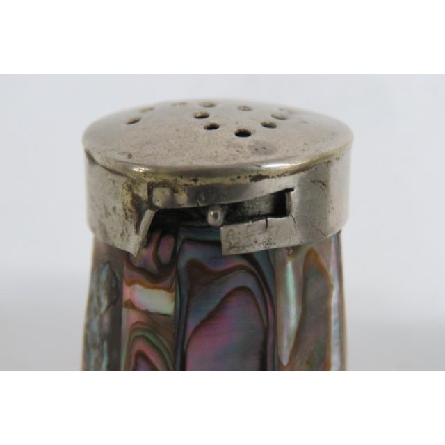 Mexican Salt and Pepper Shaker Pair 2pc Alpaca Silver Abalone Shell 5191b For Sale - Image 4 of 14