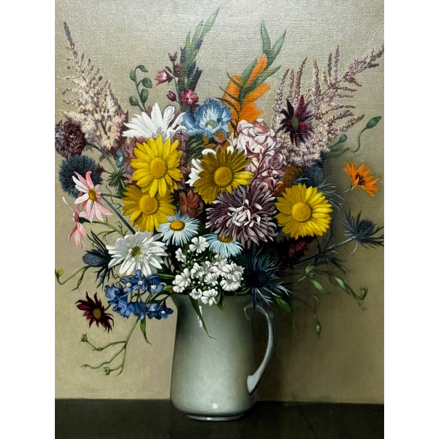 1 Fine Art Scottish Oil Painting Still Life Mixed Wild Flowers Heather, Thistles, Foxgloves, Daisies, Chrysanthemums &...