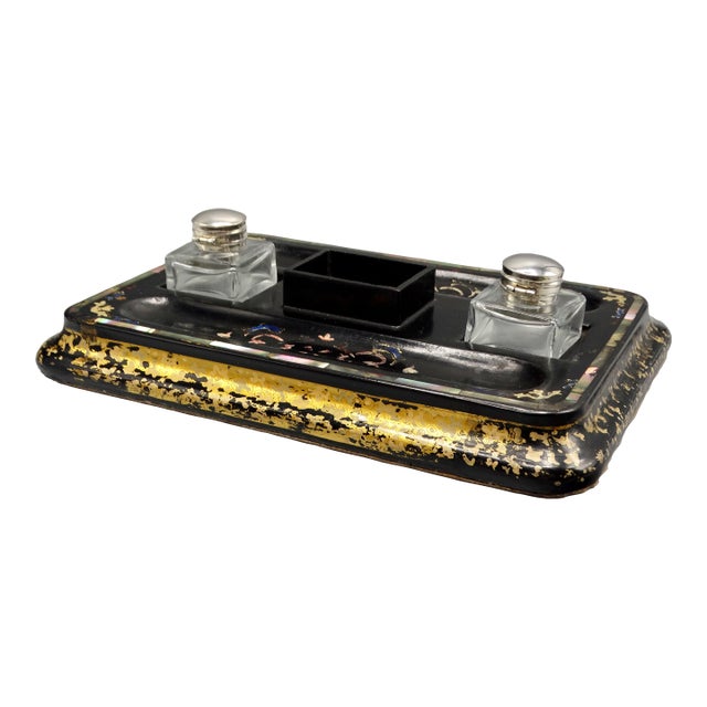 Antique English Double Inkwell Desk Organizer For Sale