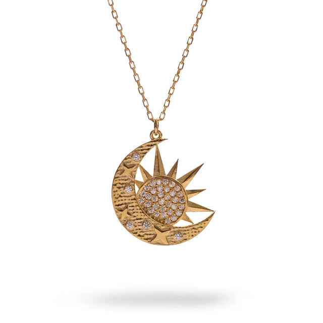 Metal Celestial Sun & Moon Diamond Gold Necklace For Sale - Image 7 of 7