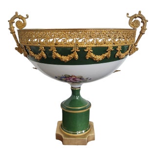 Mid-20th Century French P. Limoges Hand-Painted Porcelain & Gilt-Metal Pedestal Centerpiece Bowl For Sale