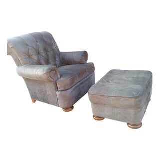 A Stunning Bluish-Grey Distressed Lake Hickory Collection Leather Chair & Ottoman. For Sale