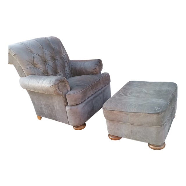 A Stunning Bluish-Grey Distressed Lake Hickory Collection Leather Chair & Ottoman. For Sale