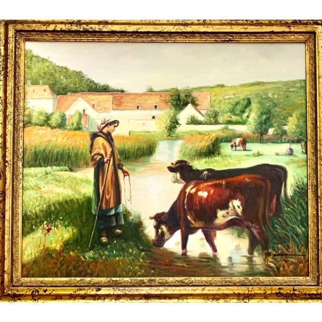 Beautiful vintage shepherdess with her herd of cows. Stunning pastoral Realism for farmhouse interiors. Condition: in good...