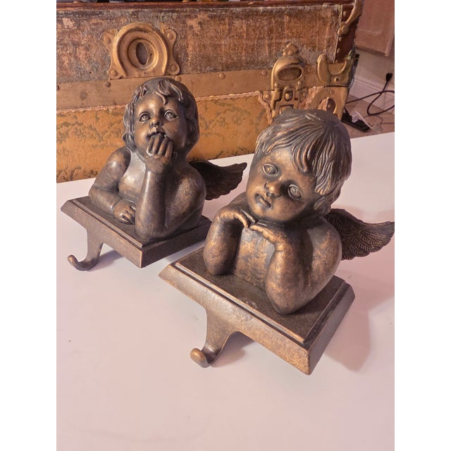 Rustic European Cherub Stocking Hangers With Bronzed Metal Body For Sale - Image 3 of 8