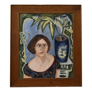 Vintage Modernist Portrait With Figure Encircled With Plants, Dated 1954 For Sale