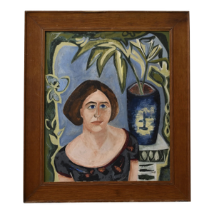 Vintage Modernist Portrait With Figure Encircled With Plants, Dated 1954