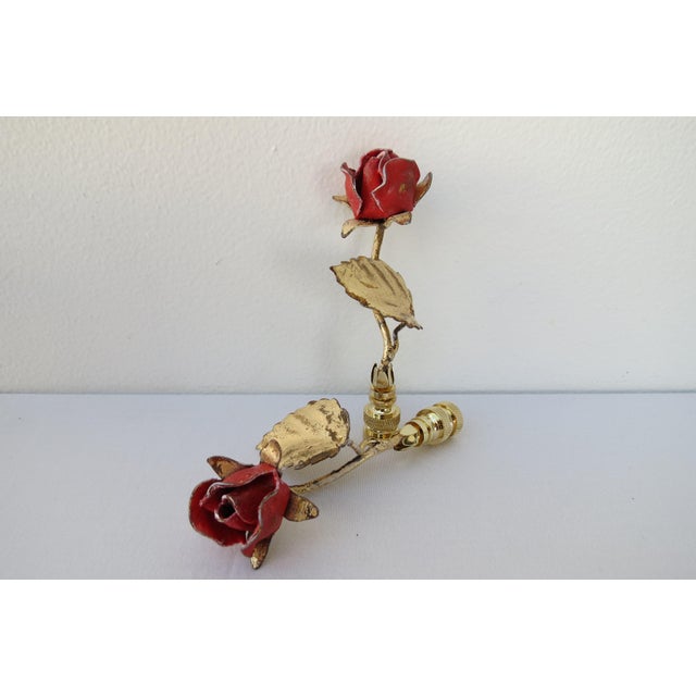 Pair of Vintage Italian Tole Rose and Leaf Finials in Bright Rose/Red With Patina Gold Gold by C. Damien Fox For Sale - Image 4 of 6