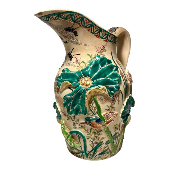 Antique Meiji Era Japanese Kyoto Satsuma Pottery Signed Studio Kinkozan Pitcher For Sale