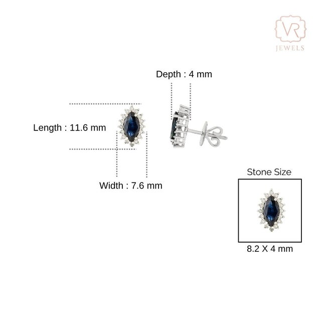 14k Gold Round Diamond & Marquise Cut Deep Sapphire Stud Earrings- 2 Pieces For Sale - Image 9 of 14