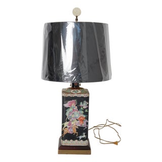 1950s Asian Chinoiserie Ceramic Table Lamp, Black with Scenic Design For Sale