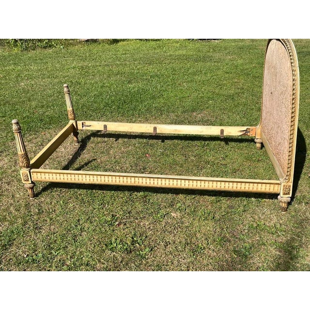 Early 20th Century Antique French Carved Wood and Upholstered Headboard and Bed Frame For Sale - Image 5 of 18