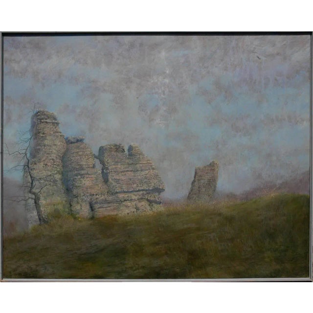 Large scale and substantial landscape titled, "Rock Forms in Open Field" by Charles Brindley (American, b. 1955). In this...