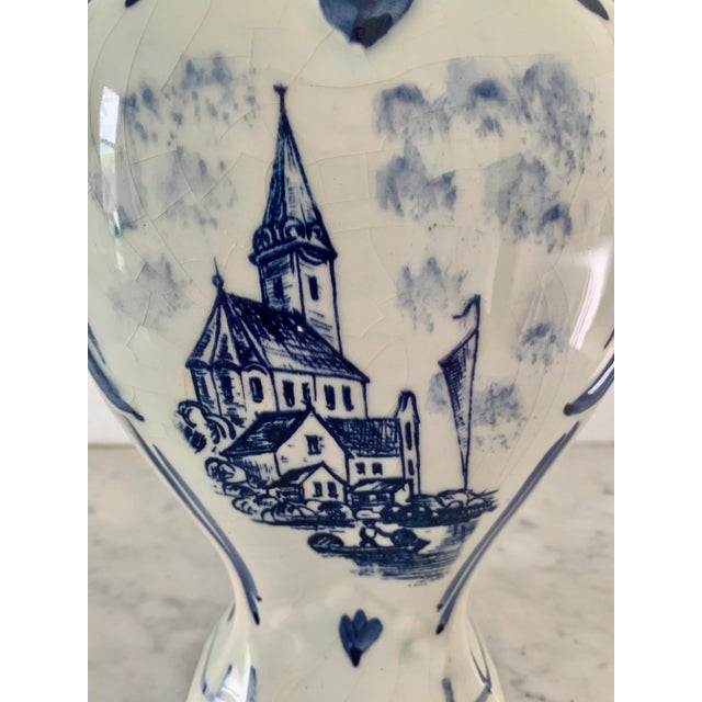 English Mid-Century Hand-Painted Delft Vase With Dutch Village Scene For Sale - Image 3 of 10
