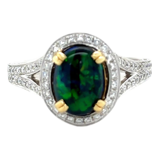 18ct White and Yellow Gold Black Opal and Diamond Ring 3.57ct 6.52g, Size 8.75 For Sale