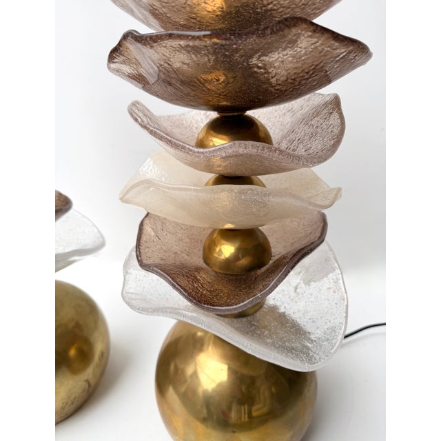 Contemporary Pair of Brass and Murano Glass Flower Lamps, Italy For Sale - Image 16 of 16
