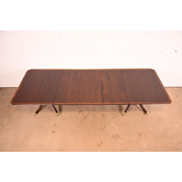 Baker Furniture Style Georgian Banded Mahogany Double Pedestal Extension Dining Table, Newly Refinished For Sale In South Bend - Image 6 of 15