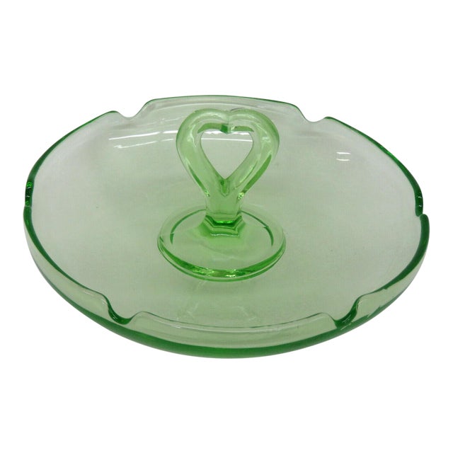 Vintage Green Uranium Depression Glass Heart Shaped Handle Candy